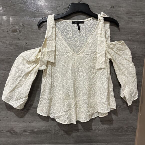 BCBGMaxazria Top Small Blouse Beige Cold Shoulder Boho Sheer Embroidered - Picture 1 of 8